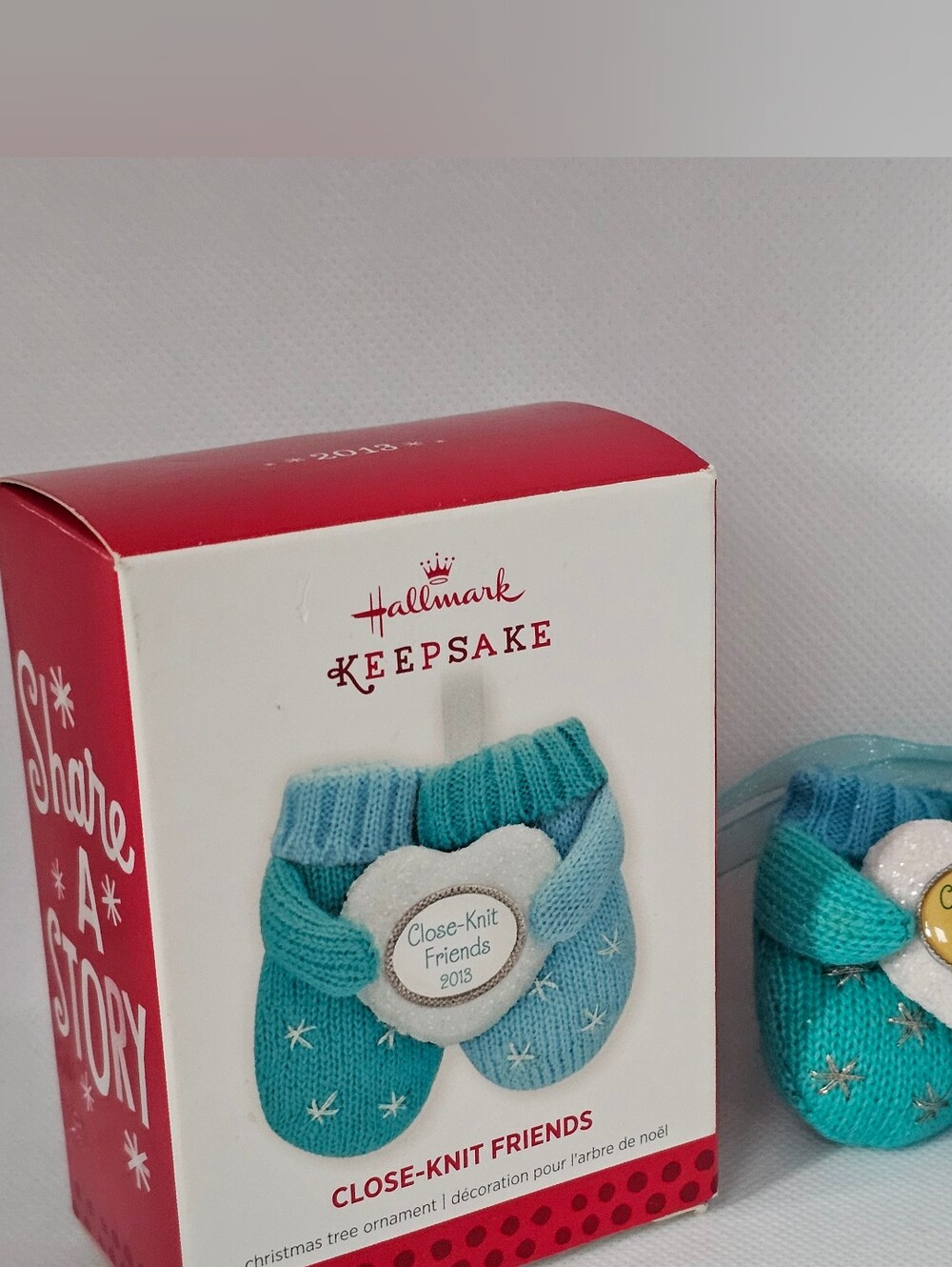 New Hallmark Close Knit Friends Christmas Ornament Blue Mittens heart SparkleB